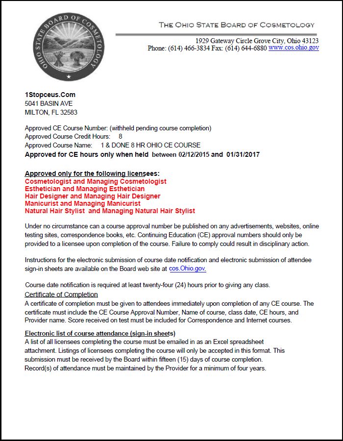 Ohio State Board of Cosmetology Course Approval Letter