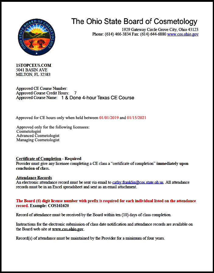 Ohio State Board of Cosmetology Course Approval Letter