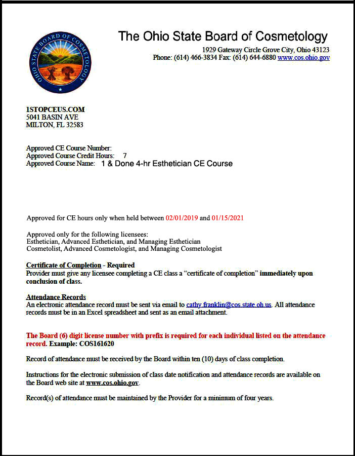 Ohio State Board of Cosmetology Course Approval Letter