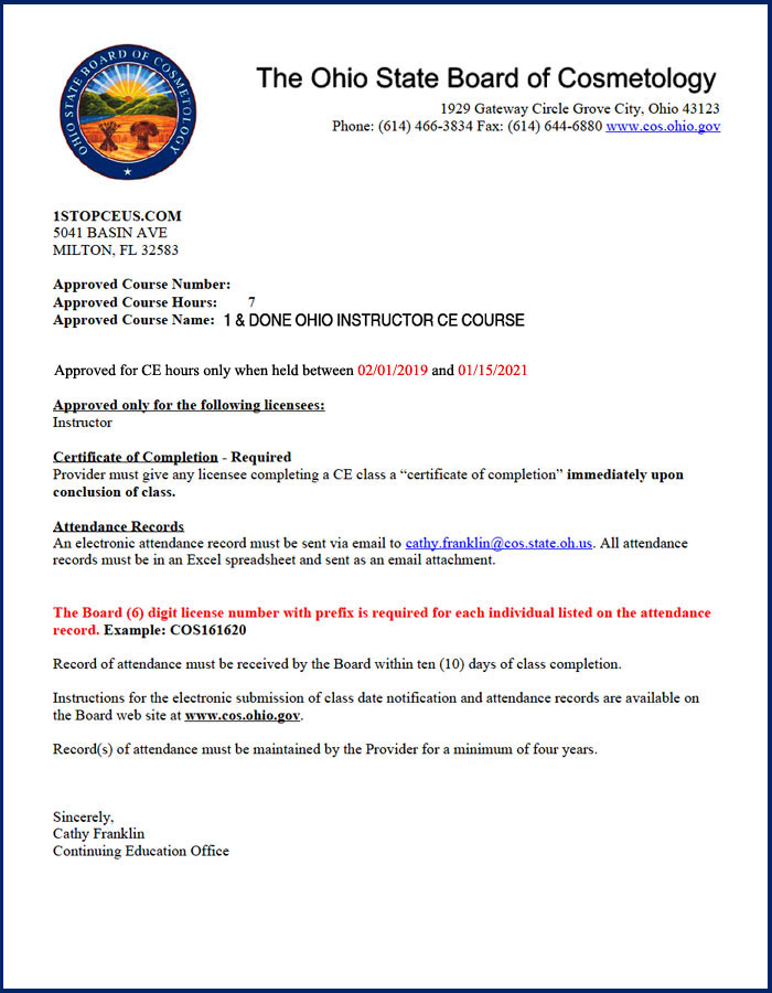 Ohio State Board of Cosmetology Course Approval Letter