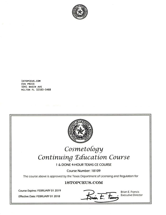 Texas State Board of Cosmetology Course Approval Letter 4-hour Cosmetology Continuing Education Course
