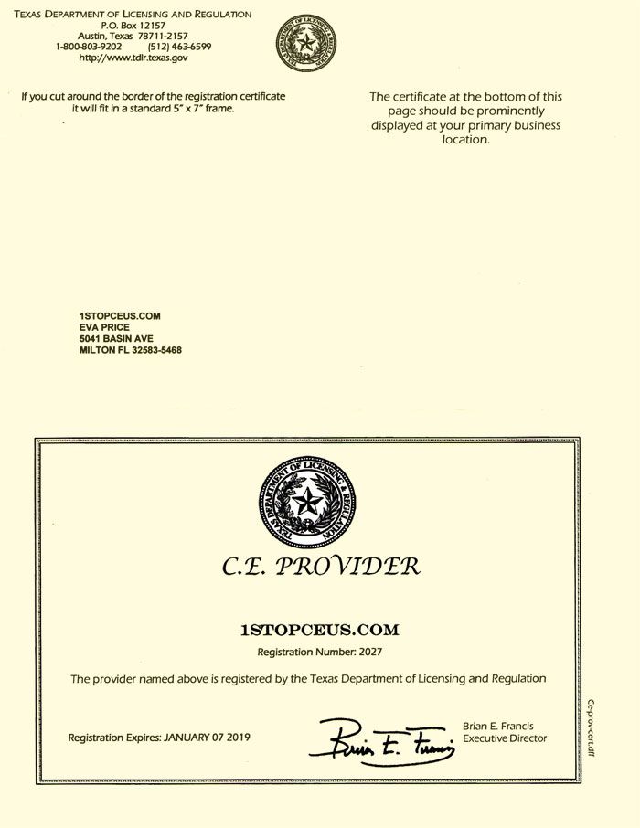 TDLR and Texas State Board of Cosmetology Continuing Education Provider Approval Letter