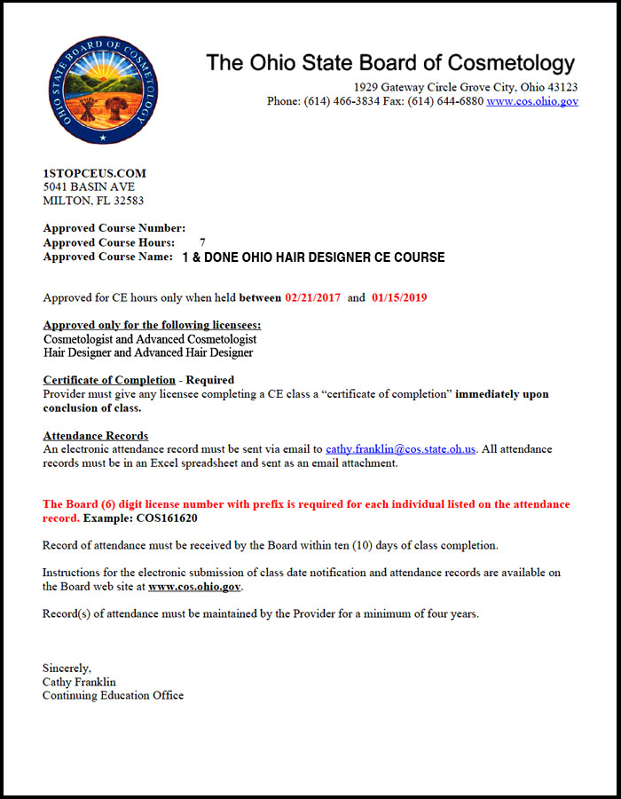 Ohio State Board of Cosmetology Course Approval Letter