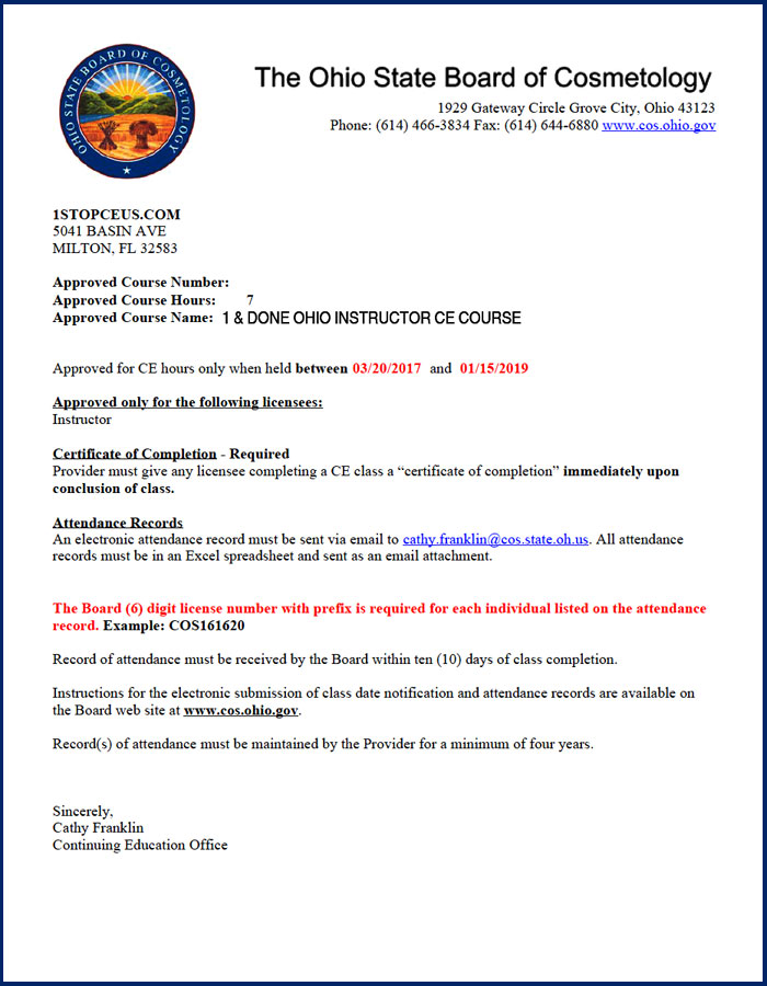 Ohio State Board of Cosmetology Instructor Course Approval Letter