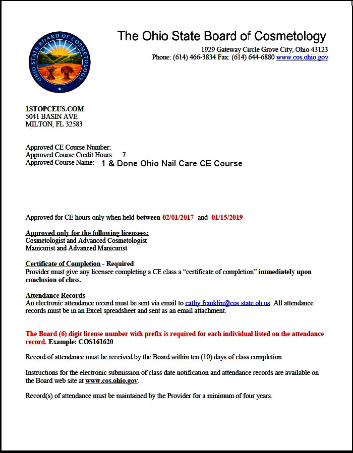 Ohio State Board of Cosmetology Course Approval Letter